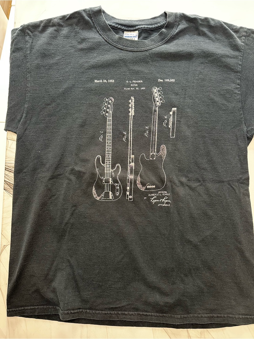 Gildan Black Short Sleeve Tee with White Guitar Patent Print